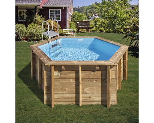 Sechseckiger Holzpool mit Leiter im Garten