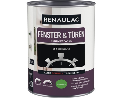 RENAULAC Fensterlack Türlack seidenmatt schwarz 1 L Farbdose Renaulac Fenster und Türen Renovierfarbe Schwarz