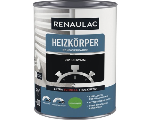 RENAULAC Heizkörperlack seidenmatt schwarz 1 L Renaulac Heizkörper Renovierfarbe, 002 Schwarz, 1 Liter Dose