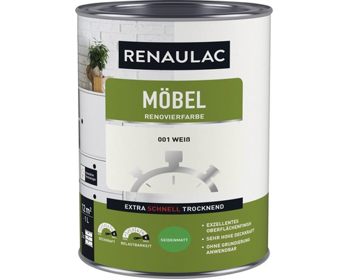 RENAULAC Möbellack Holzlack seidenmatt weiß 1 L Farbdose Renaulac Möbellack Renovierfarbe Weiß seidenmatt