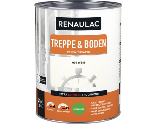 RENAULAC Holzlack für Treppe & Boden seidenmatt weiß 2,5 L Renaulac Treppen und Boden Renovierfarbe, weiß, 2,5 Liter Dose