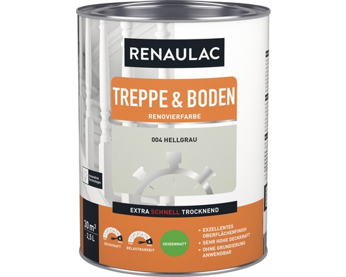 RENAULAC Holzlack für Treppe & Boden seidenmatt hellgrau 2,5 L Renaulac Treppe und Boden Renovierfarbe 004 Hellgrau im Farbbehälter