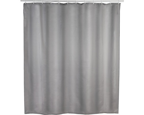 Grauer Duschvorhang mit Duschvorhangringen an einer Stange