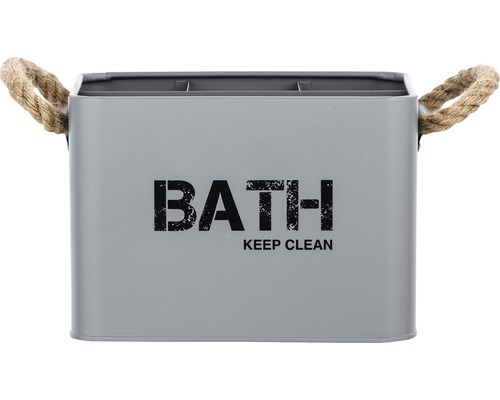 Aufbewahrungsbox aus Metall mit der Aufschrift Bath Keep Clean und Seilgriffen