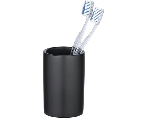 Schwarzer Zahnputzbecher mit zwei Zahnbürsten