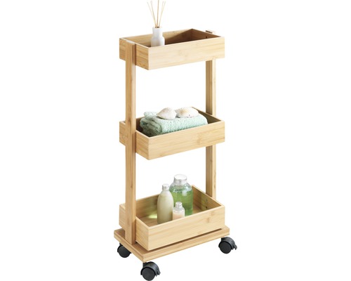 Badezimmerwagen aus Bambus mit drei Ablagen und Rollen