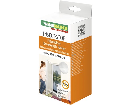 Verpackung für Windhager Insektenschutzgitter für bodentiefe Fenster, maximale Größe 130 mal 220 Zentimeter