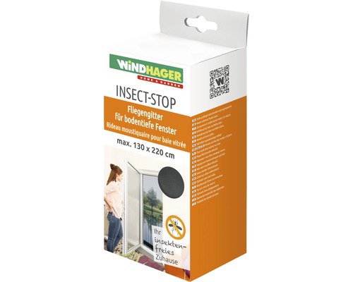Verpackung eines Insektenschutzgitters für bodentiefe Fenster mit der Aufschrift Windhager Logo, Insect-Stop und maximal 130 x 220 Zentimeter.