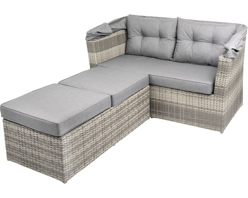 Graues Gartenlounge Ecksofa mit Fußhocker und Polsterauflagen