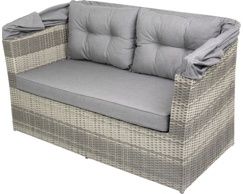 Zweisitzer Gartenbank aus Polyrattan mit grauen Polstern
