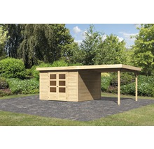Holzgartenhaus mit Überdachung und Doppeltür auf gepflasterter Fläche