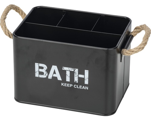 Schwarzer Bad-Utensilienhalter mit Seilgriffen und der Aufschrift BATH KEEP CLEAN.