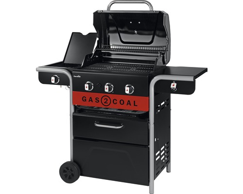 Gasgrill mit Kohlefunktion, Ablageflächen und Rädern