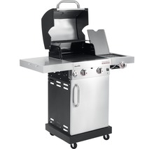 Gasgrill mit offener Haube, Seitentisch und Unterschrank
