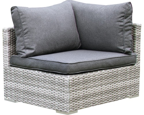 Eckteil einer Loungegruppe mit grauen Kissen und Rattanoptik