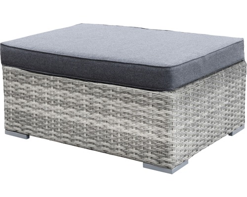 Geflochtener Gartenhocker mit grauer Polsterauflage