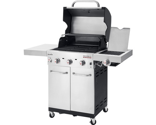 Char-Broil Gasgrill mit drei Brennern, Seitenbrenner, Warmhalterost und zwei Seitentischen.