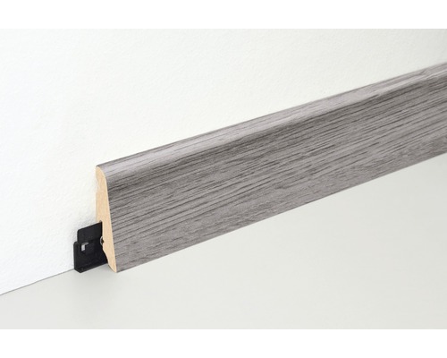 Graue Holzfußleiste mit Befestigungsclip