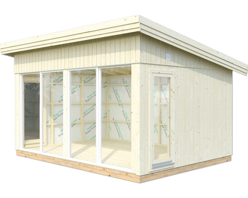 Gartenhaus aus Holz mit Fenstern und Tür