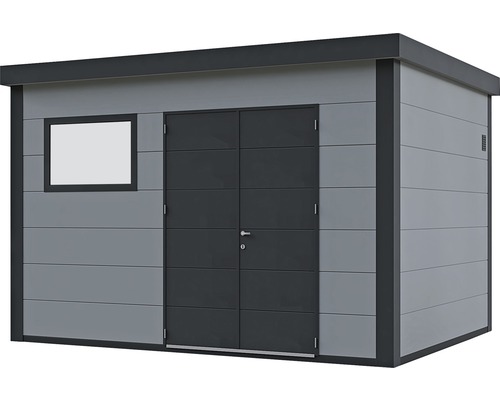 Grauer Geräteschuppen mit Fenster und Doppeltür