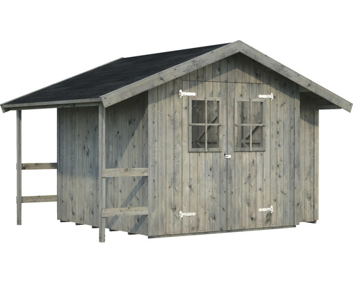 Graues Gartenhaus aus Holz mit Dach und zwei Fenstern