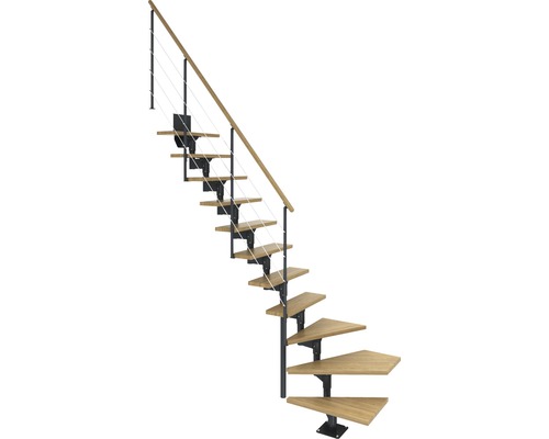 Pertura Mittelholmtreppe Hera Anthrazit 1/4 gewendelt unten links/rechts 73,5 cm Relinggeländer Eiche Leimholz Lackiert 11 Stufen / 12 Steigungen