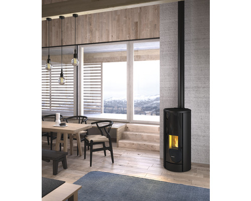 Wohnraum mit Kaminofen, Holztisch und Stühlen