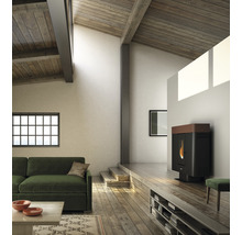 Wohnraum mit Pelletkaminofen, Sofa und Holzbalkendecke für eine gemütliche Atmosphäre.