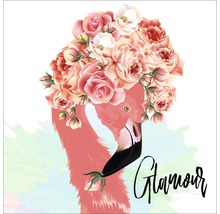 Illustration eines Flamingos mit Blumenschmuck und dem Wort Glamour