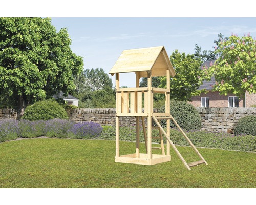 Karibu Kinderspielturm "Lotti" Satteldach SET aus nordischer Fichte, naturbelassen mit Netzrampe