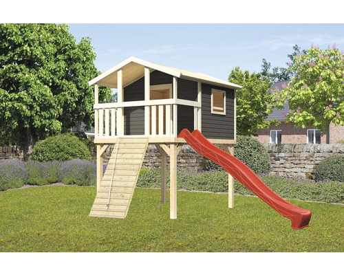 Karibu Stelzenhaus Benjamin Fichte terragrau inkl. Holzrampe und Rutsche 3m rot Spielhaus aus Holz mit Rutsche und Leiter im Garten