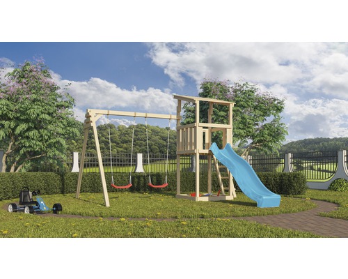 Karibu Spielturm Pultdach Anna Fichte inkl. Doppelschaukelanbau und Rutsche blau Spielplatz im Garten mit Schaukel, Turm und Rutsche aus Holz