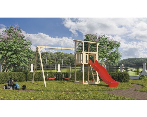 Karibu Spielturm Pultdach Anna Fichte inkl. Doppelschaukelanbau und Rutsche rot Spielplatz mit Schaukel, Rutsche und Spielturm im Garten