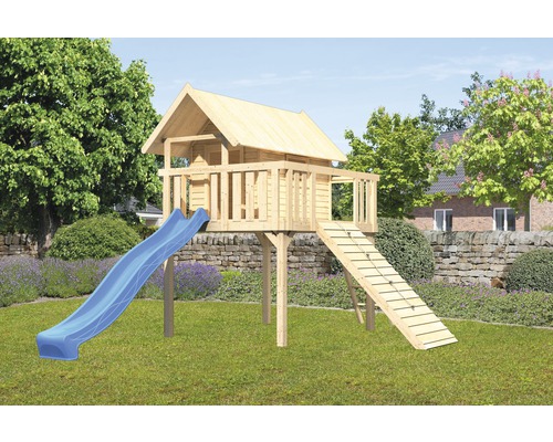 Karibu Stelzenhaus Fidel Fichte inkl. Wellenrutsche 3 m blau und Holzrampe Holzspielhaus mit Rutsche und Leiter im Garten