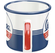 Emaillierter Becher mit Griff und Dekor