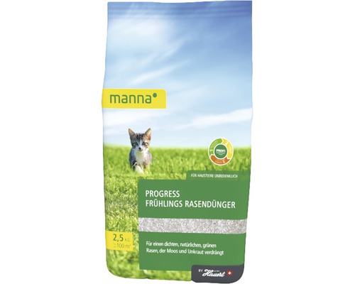 Frühlings-Rasendünger Manna Progress 2,5 kg / 100 m² Packung Frühlingsrasendünger Progress von Manna mit Katzenmotiv