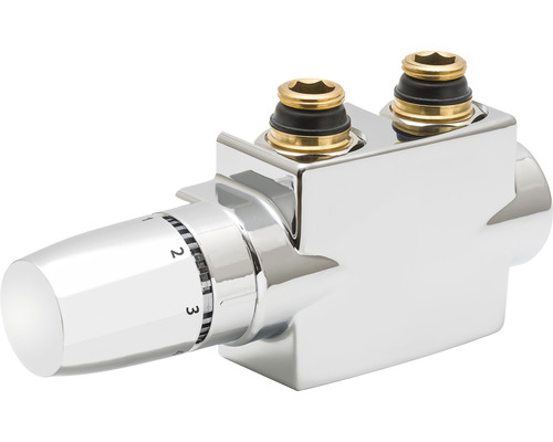 Ventilhahnblock Schulte 1" variabel Durchgangs- oder Eckform chrom mit Blende Heizkörperthermostat aus Metall mit Thermostatkopf