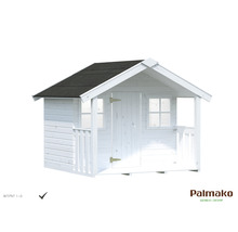 Weißes Kinderspielhaus aus Holz mit schwarzem Dach