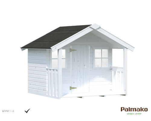 Weißes Kinderspielhaus aus Holz mit schwarzem Dach
