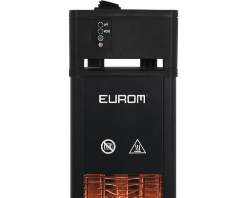 Detailansicht einer Elektroheizung von Eurom mit Bedienelementen, Sicherheitswarnungen und Firmenlogo