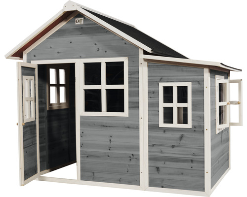 Spielhaus aus Holz mit Fenstern und einer offenen Tür