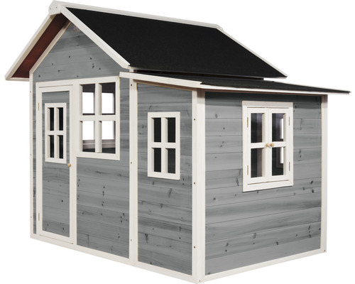 Graues Holzspielhaus mit schwarzem Dach und weißen Fensterrahmen