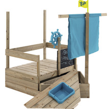 Spielschiff aus Holz mit Steuerrad, Plane und Tafel