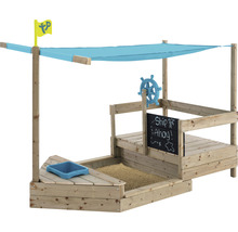 Sandkasten in Form eines Schiffes mit Sonnensegel, Steuerrad und Tafel
