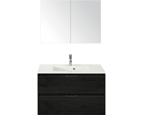 Badmöbel-Set Sanox Porto Mineralguss 57x90x52 cm Mineralgusswaschbecken black oak mit Spiegelschrank Badmöbel-Set Sanox Porto Mineralguss 57x90x52 cm Mineralgusswaschbecken black oak mit Spiegelschrank