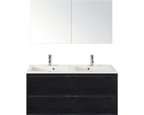 Badmöbel-Set Sanox Porto Mineralguss 75x120x50 cm Doppel-Mineralgusswaschbecken black oak mit Spiegelschrank Badmöbel-Set Sanox Porto Mineralguss 75x120x50 cm Doppel-Mineralgusswaschbecken black oak mit Spiegelschrank