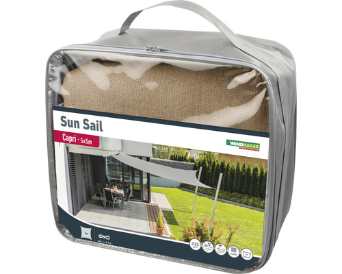 Verpackte Capri Sonnensegel mit den Maßen fünf mal fünf Meter