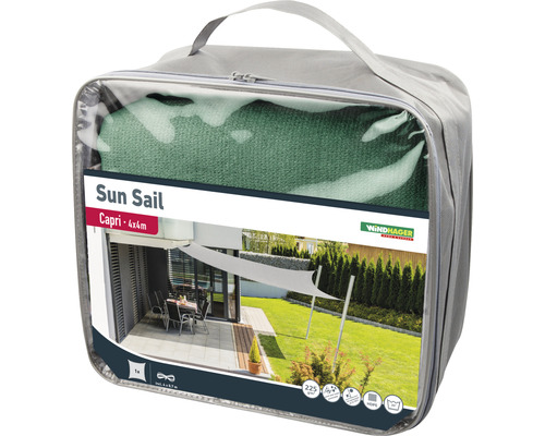 Verpackte Windhager Capri Sonnensegel mit den Maßen 4x4 Meter.