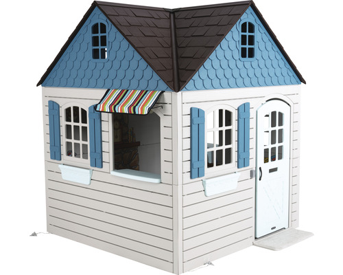 Spielhaus mit Fensterläden, Markise und Tür