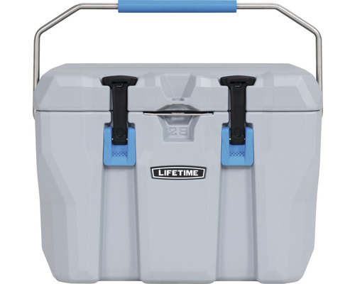 Graue Kühlbox mit einem Fassungsvermögen von 28 Litern und einem Tragegriff aus Metall.